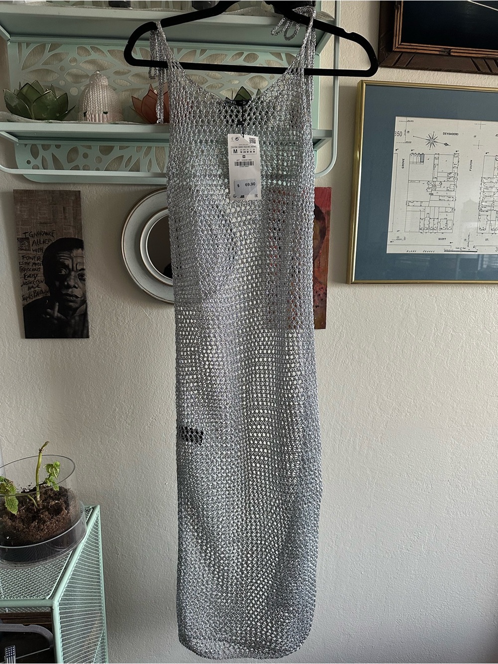 NWT ZARA OPENWORK MIDI DRESS WITH METALLIC THREAD SILVER Size M